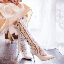 Ladies Romantic Floral Lace Knee High Boots Women Pointed Toe High Heel Short Wedding Dress Boots Ribbons Lace Up Bridal Boots 2024 - buy cheap