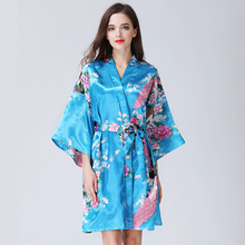 Plus Size 3XL Black Women Nightgown Bride Bridesmaid Wedding Flower Robe Female Satin Kimono Gown Summer Sleepwear Peafowl 2024 - buy cheap