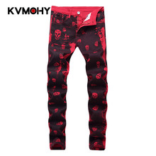 Jeans Men Quality Brand Casual Denim Pants Straight Slim Fit Red Skeleton Printing Male Trousers Hip Hop Mens Skinny Jeans 2024 - buy cheap