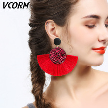 VCORM Bohemian Tassel Big Drop Earrings for Women Fashion Jewelry Earrings Red Black Cotton Silk Fabric Fringe Earring Gift 2024 - buy cheap