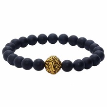 2018 Gold Charm Head Hand Bracelet Natural Black Matte Onyx Stone Beaded Lion Bracelet for Men Jewelry Pulseras Hombre 2024 - buy cheap