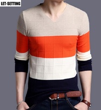 Новый Модный осенне-зимний Корейский мужской пуловер теплый шерстяной хлопковый свитер Повседневный вязаный приталенный свитер с v-образным вырезом 2024 - купить недорого