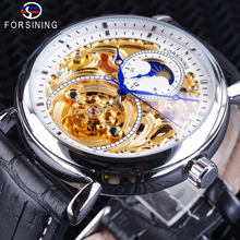 Forsining relógio esqueleto de mãos azuis, relógio masculino de esqueleto branco e dourado, relógio automático de marca de luxo com pulseira de couro genuíno preto 2024 - compre barato