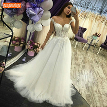 Chic Bohemian Tulle White Wedding Dresses Off Shoulder Lace Appliques Boho Garden Bridal Gowns Sweep Train Beach Wedding Dress 2024 - buy cheap