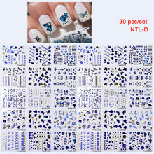 Pegatina de uñas postizas de diferentes formas, pegatinas de uñas láser doradas y azules, 30 Uds., autoadhesivas, coreanas 2024 - compra barato