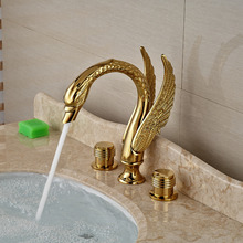 Swan Style Widespread Dual Handles Basin Sink Faucet Deck Mount 3 Holes Mixer Tap Golden Finish 2024 - buy cheap