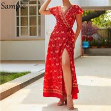 Sampic Beach Boho Maxi Women Dress Sexy Floral Print Vintage Summer Wrap Dress Short Sleeve V Neck Slit Red Long Dresses 2024 - buy cheap