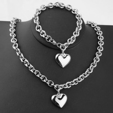 Fashion Women's 8mm Wide Silver Color Stainless Steel Heart Charm Shape Necklace Bracelet Jewelry Set Mother's Day Gift 2024 - buy cheap