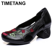 TIMETANG Female National Wind Genuine Leather Embroidered Pumps 2018 Spring Women Vintage Floral High Heels Shoes Lady Zapatos 2024 - buy cheap