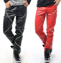 27-37 ! Korean Tide Men Male Singer Dj Bar Atmosphere Presided Ds Stage Costumes Rivets Slim Leather Pants Costumes Trousers 2024 - buy cheap