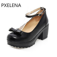 PXELENA 2018 Casual College Vintage Brogues Mary Janes Shoes Womens Round Toe Chunky Heel Bowtie Pumps Ankle Strap Shoes US4.5-8 2024 - buy cheap