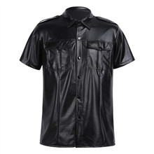 Mens sexy Soft faux leather t shirts Male black Tees tight shirts Undershirts As Police Uniform Shirt Tops with Down Collar 2024 - buy cheap