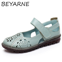 Beyne sandálias planas macias e respiráveis de couro genuíno, sapatos femininos casuais de verão, sandálias femininas com fivela sólida, e218 2024 - compre barato