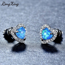 RongXing Charming Heart Blue Fire Opal Stud Earrings for Women Engagement Jewelry Silver Color Birthstone Earrings 2024 - buy cheap