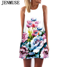 Jenmuse Women Dress 2018 New Arrival Rose Print Sleeveless Summer Dress O neck Casual Loose Mini Chiffon Dresses Vestidos 2024 - buy cheap