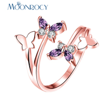 MOONROCY Cubic Zirconia Rose Gold Color Purple Crystal Rings Butterfly for Women Gift Drop Shipping Fashion Jewelry Wholesale 2024 - buy cheap