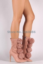 Black Pink Army Green Basic Ankle Boots Lovely Fur Ball Thin High Heel Lady Shoes Pointed Toe Suede Zipper Winter Short Boots 2024 - buy cheap