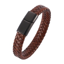 Pulseira masculina de couro legítimo bb0020, bracelete marrom de couro preto com fecho magnético de aço inoxidável, joias na moda 2024 - compre barato