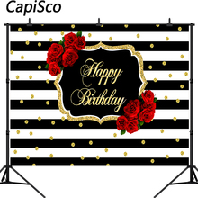 Capisco-fondo fotográfico para fiesta de cumpleaños, telón de fondo con diseño de feliz cumpleaños, rayas blancas y negras, puntos dorados, rosas y flores 2024 - compra barato