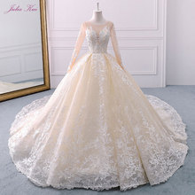 Julia Kui Real Photos Full Sleeves Ball Gown Wedding Dress Embroidery Scoop Beading Pearl Floral Print Chapel Train Bridal Gowns 2024 - buy cheap