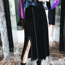 2018 New women spring fashion high waist skirt velvet stitching split heavy rivets slim A-line skirt 2024 - buy cheap