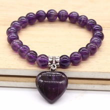 100-Unique 1 Pcs Silver Plated Love Heart Connect Natural Purple Amethysts Stone Round Beads Bracelet 2024 - buy cheap