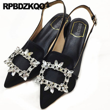 Zapatos de tacón alto para mujer, calzado de satén con punta puntiaguda, diamantes de imitación, talla mediana, color negro, 2021 2024 - compra barato