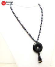 Qingmos ожерелье из натурального жемчуга для женщин с 6-7 мм черным круглым жемчугом и 40 мм Форма для пончиков черная подвеска-Агат ожерелье ювелирные изделия 2024 - купить недорого