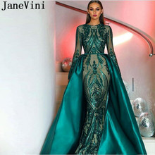 Janevini bling verde lantejoulas vestido de noite trem destacável sexy sereia manga longa vestido de noite dubai vestidos formais lange jurk 2024 - compre barato