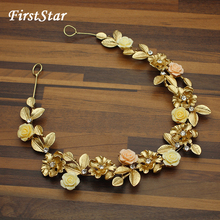 FirstStar Elegant Gold Leaf Wedding Headpiece Flower Long Crystal Bride Hair Band Bridal Headdress For Women Accessories Jewelry 2024 - buy cheap