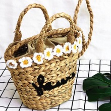 Medium String Basket Beach Bag Women Hand Woven Round Straw Bags Natural Oval Beach Bag Flowers Tote Circle Handbag Dropshipping 2024 - buy cheap