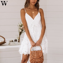 Womail dress woman NEW Summer Sexy Sleeveless Solid  V-Neck A-Line Mini Dress Holiday party elegant fashion Beach Dress 2019 A16 2024 - buy cheap