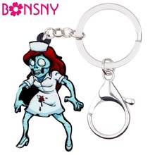 Bonsny Acrylic Halloween Blood Nurse Zombie Key Chain Keychain Ring Pendant Costumes Jewelry For Women Girls Bag Car Charms Gift 2024 - buy cheap