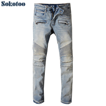 Sokotoo-Vaqueros elásticos clásicos para hombre, pantalones ceñidos de retales de talla grande para moto, color azul 2024 - compra barato