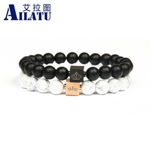 Ailatu King Queen Crown Stainless Steel Cube 8mm Natural Stone Bracelet 10 Pieces Wholesale Couple Jewelry Print Customer Logo 2024 - buy cheap