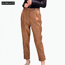 Luxury Sheepskin High Waist Genuine Leather Trousers Women Loose Natural Real Leather Pencil Pants Harem Pants Lady Streetwear 2024 - buy cheap