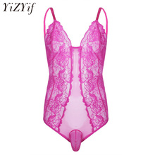 YiZYiF Mens' Adjustable Lingerie One-Piece Floral Lace Crossdress Velvet Bodysuit Sissy Pouch Teddy Jumpsuit Nightwear Sleepwear 2024 - buy cheap