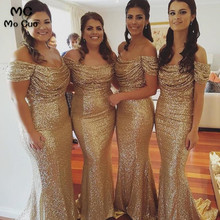 2019 In Stock Mermaid Wedding Party Gown Off Shoulder Bridesmaid Dresses with Sequined Champagne gold Bridesmaid Dress 2024 - buy cheap