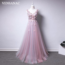 VENSANAC кружевные цветы аппликации V-образный вырез 2018 трапециевидные Длинные вечерние платья для вечеринки с кристаллами бусинами 2024 - купить недорого