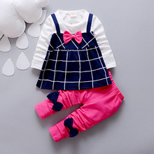2018 New Spring Baby Girls Clothing Set Children Bowknot Fake 2 Pcs Plaid Dress+Leggings Long Sleeve Twinset Kids Clothes Set 2024 - buy cheap