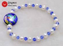 Qingmos трендовые 5-6 мм белые браслеты из натурального жемчуга для женщин с голубым кристаллом и 18 мм Cloisonne браслет 7,5 ''Jewelry-bra391 2024 - купить недорого