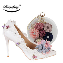 Baoyafang sapatos de casamento femininos, novo bico fino com bolsa, sapatos de salto alto para noivas, conjunto de bolsa 2024 - compre barato