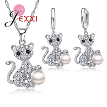 Shiny CZ   and Big Pearl Pretty Cat Pendant for Women Necklace and Earrings 925 Sterling Silver Jewelry Set 2024 - buy cheap