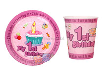 100PCS(50 cups +50 plates)  My 1st Birthday Pink Disposable Paper Plates and Cups For Children's Birthday Party Free Shipping 2024 - buy cheap