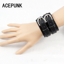 Punk Hip Hop Leather Bracelets For Women Cool Man Bangles Double Belt Wristband Black Leather Cuff Big Wide Bracelet Men Bijoux 2024 - buy cheap