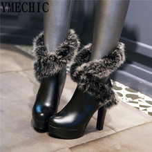 YMECHIC-Botas de tacón de Extra Alto para mujer, botines sin cordones, con plataforma, color blanco y negro, Borla de pelo de talla grande, para fiesta de invierno 2024 - compra barato