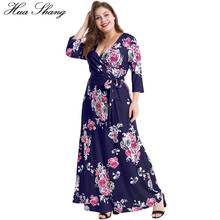 Plus Size Dress Women Spring Autumn V Neck Three Quarter Sleeve Floral Print Boho Party Dress High Waist Tunic Maxi Long Dresses 2024 - buy cheap