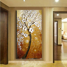 Cuadro de pinturas al óleo para decoración del hogar, pintura al óleo abstracta de árbol de flores blancas pintada a mano, 100%, envío gratis 2024 - compra barato