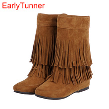 Brand New Quality Winter Fashion Women Med Calf Wedge Fringe Boots Black Gray Beige Lady Tassel Shoes AH123 Plus Big size 32 43 2024 - buy cheap