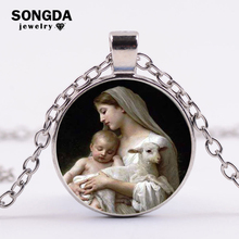 Retro Virgin Mary Jesus Necklace Mother of Baby Portrait Glass Cabochon Silver Color Long Chain Pendant Catholic Jewelry 2024 - buy cheap